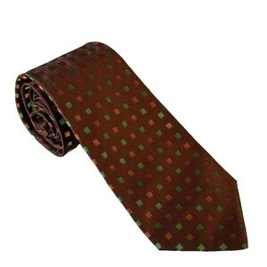 Kiton 7 Fold Neck Tie Brown Green Orange Geometric Squares Silk 3.5" x 59" Italy